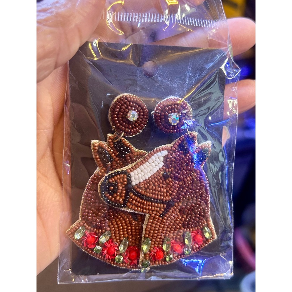 Handmade Seed Bead Horse Earrings Brown Equestrian Statement Jewelry
